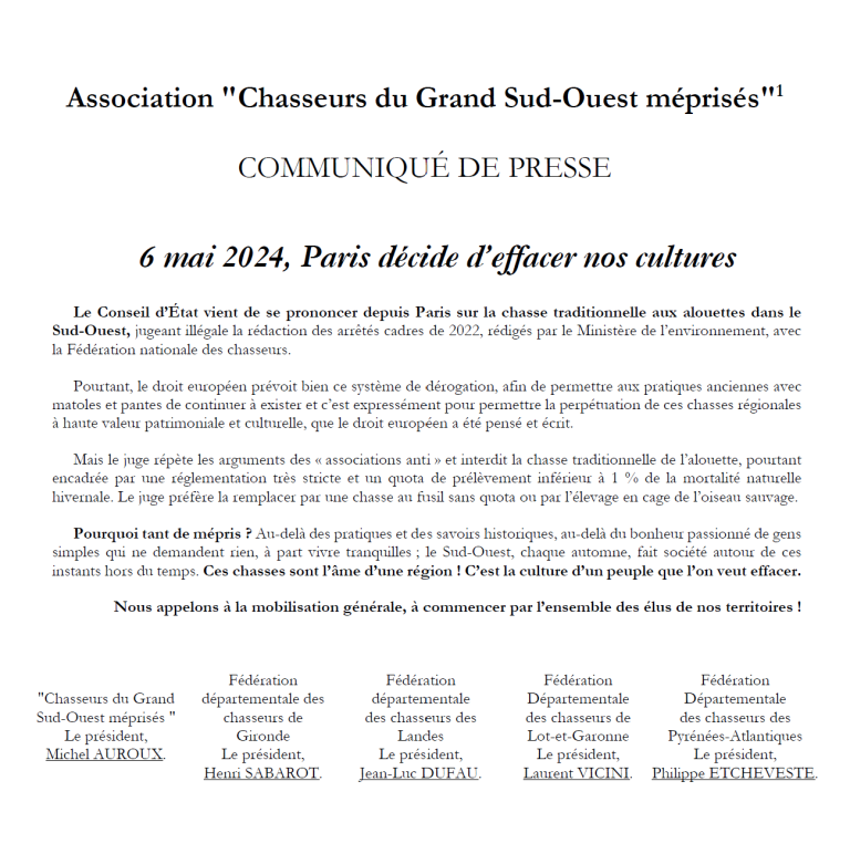 Communiqué de presse « Chasses traditionnelles »