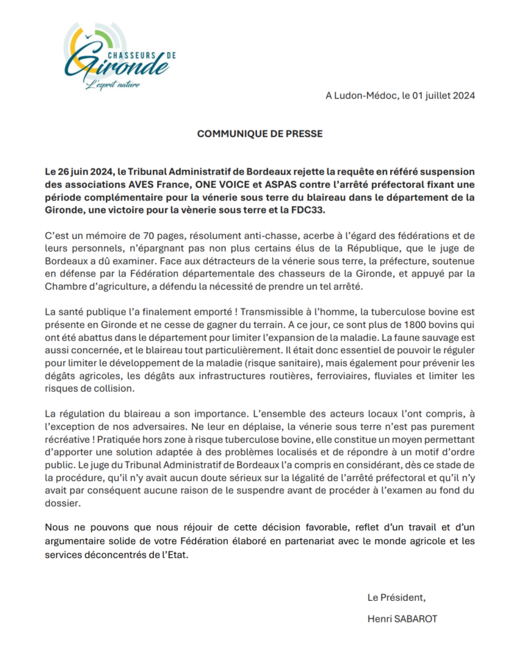 Communiqué de presse – Requête en référé suspension contre l’arrêté préfectoral fixant une période complémentaire pour la vénerie sous terre du blaireau en Gironde